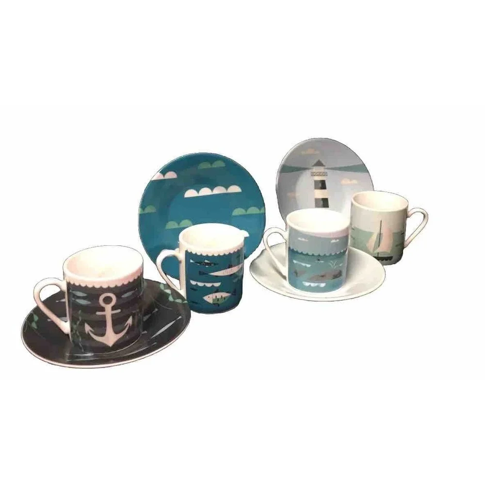 MAGPIE AHOY DESIGN, SET OF FOUR ESPRESSO NAUTICAL CUPS AND SAUCERS Teal